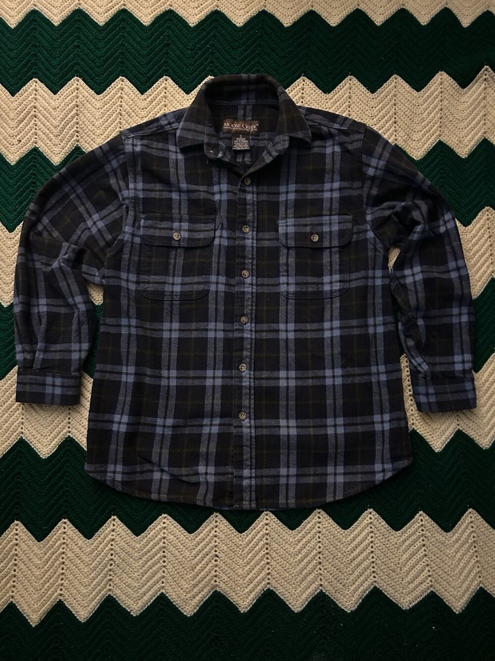 Moose Creek Plaid Flannel Shirt Mens M Heavyweight Blue Black Long Sleeve Cotton